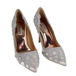 Badgley Mischka GRAY SILVER SATIN JEWELED HIGH HEEL POINTED PUMP SHOES Sz 7.5